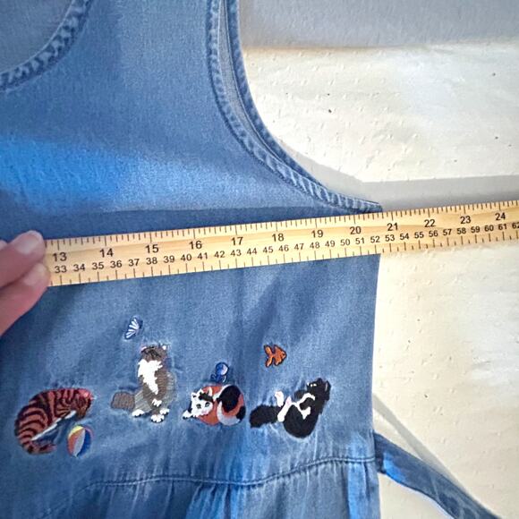 Vintage 90s Kittycore Cat Lady Twee Denim Dress Cottage Granny Kawaii Artsy MED - Picture 9 of 10